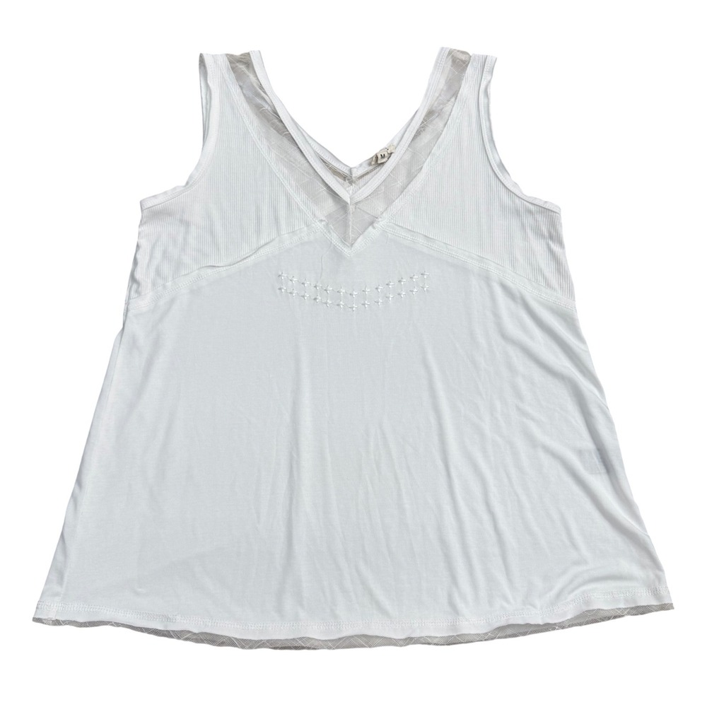 POL V-Neck Embroidered Mesh Trim Tank Top Womens Size M Casual Boho Summer